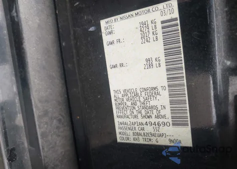 2010 Nissan Altima 2.5 S z USA, uszkodzony, nr VIN 1N4AL2AP1AN494690